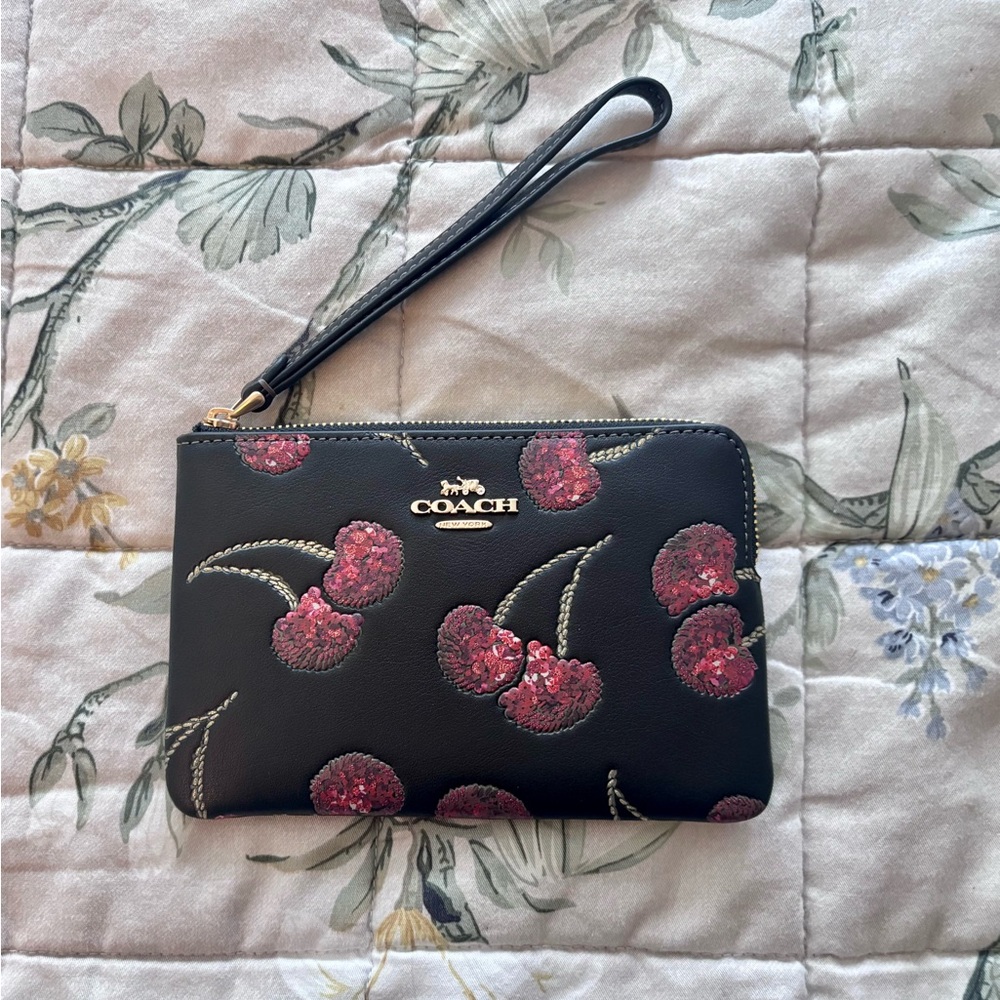 Coach Black & Red Wristlet with Sparkly Cherry Print